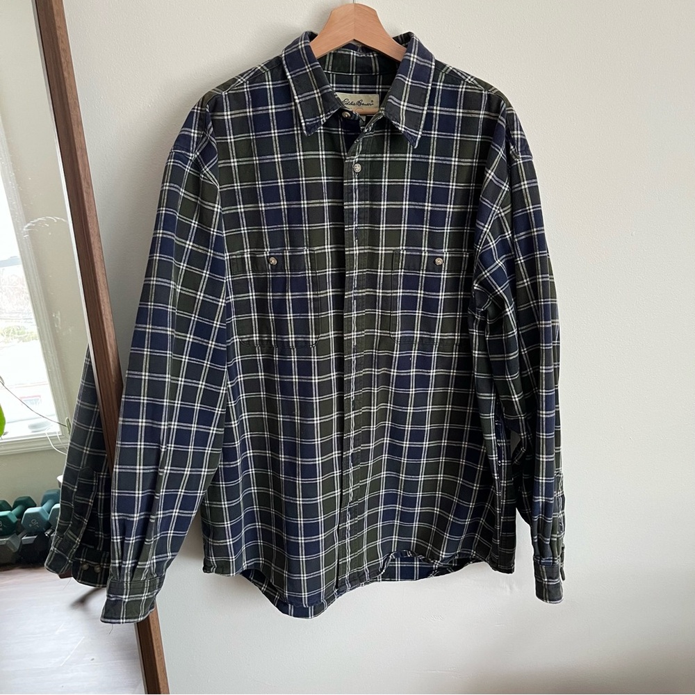 Eddie Bauer Men's Green and Blue Plaid Shirt sz XL
